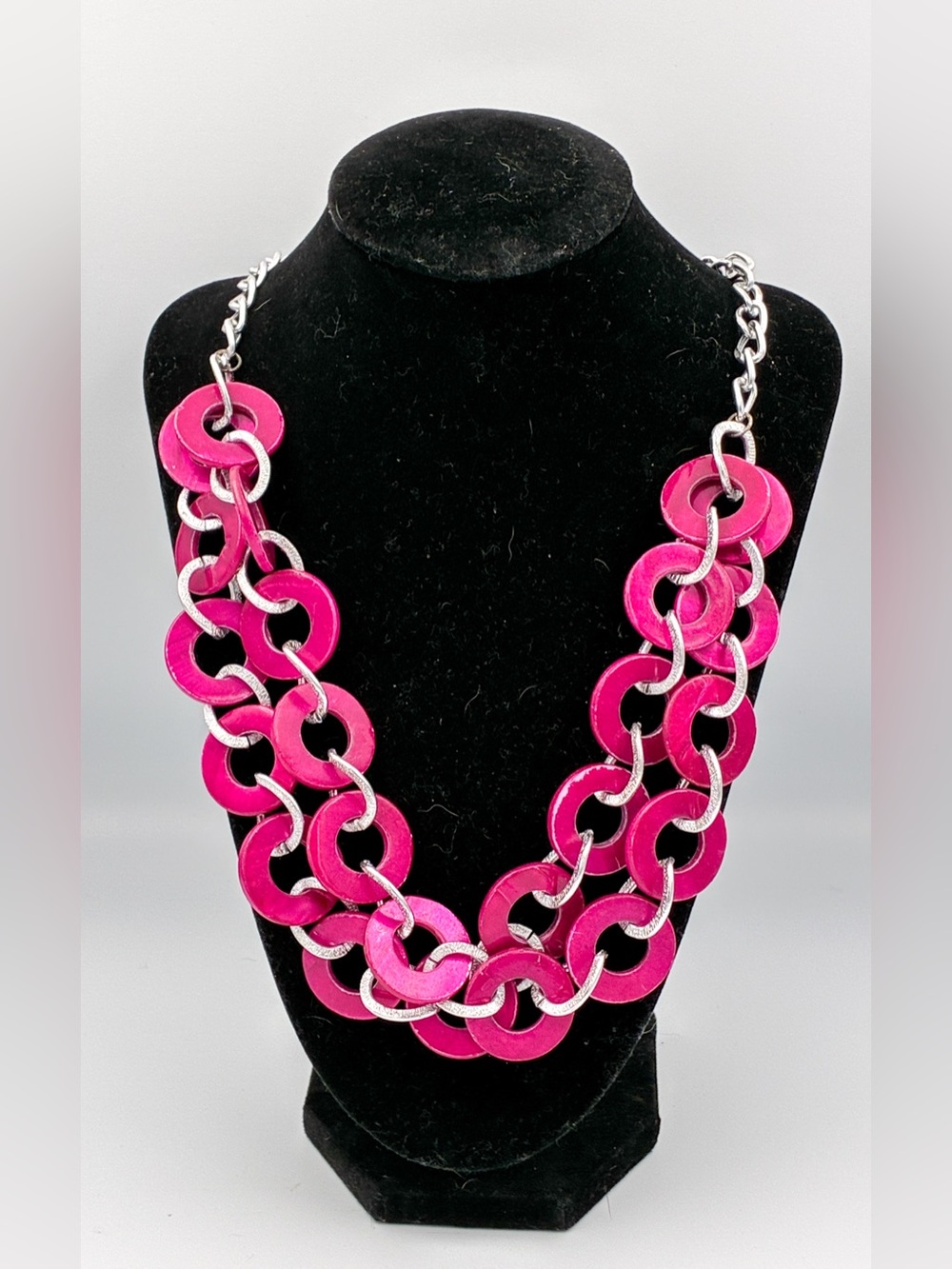 Pink And Silver Link Bib Statement Chain Necklace